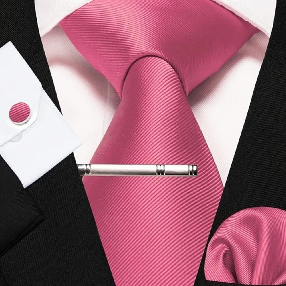 Mens 5 Piece Tie + Bow Tie + Pocket Square + Cufflinks + Clip Satin Pink - Picture 4 of 5